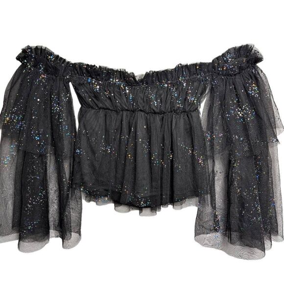 Symphony Black Iridescent Sequin Mesh Ruffle Off-Shoulder Bell Sleeve Top S - Picture 1 of 7